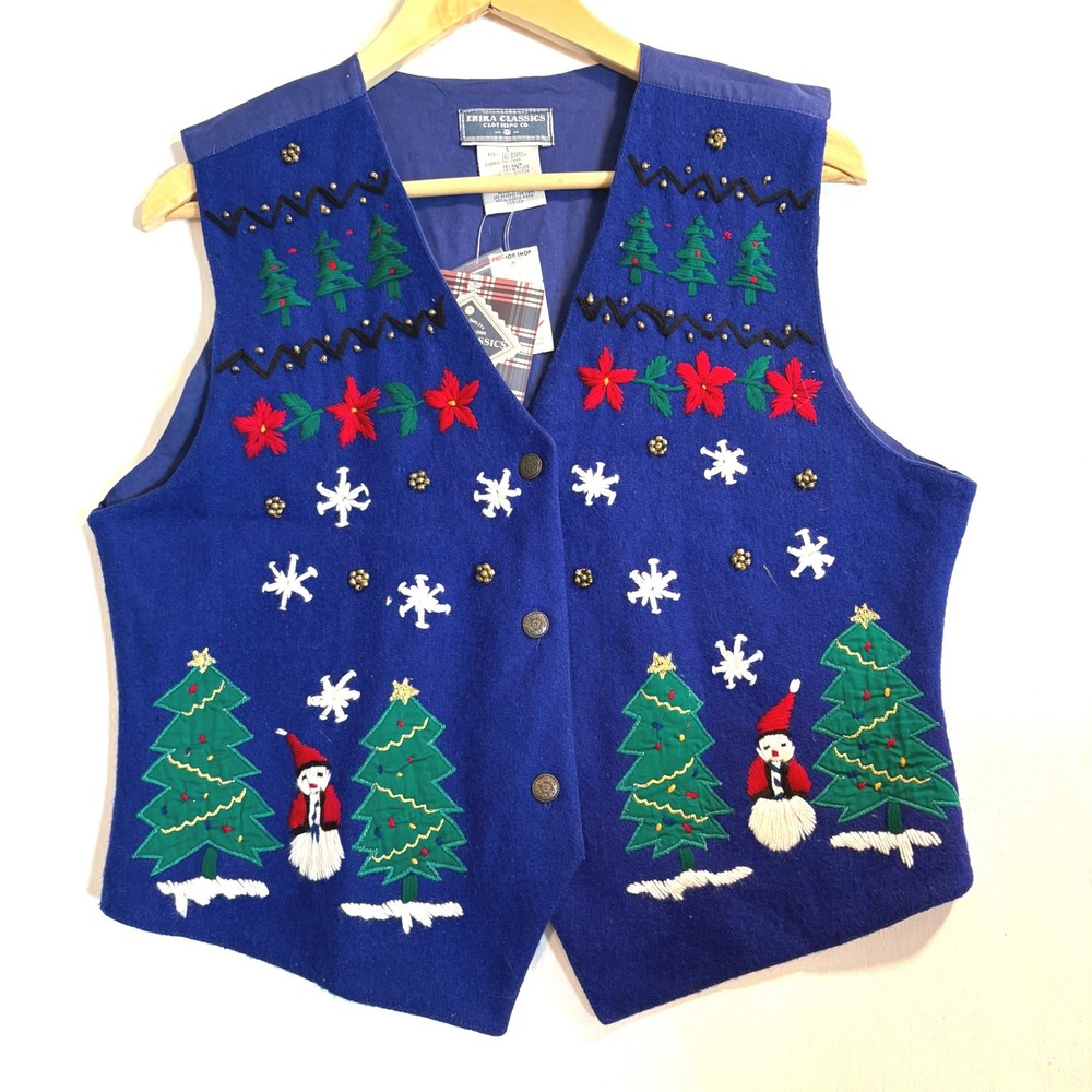 Erika Classics Blue Wool Blend Christmas Vest Snowman Tree Embroidered Large NWT